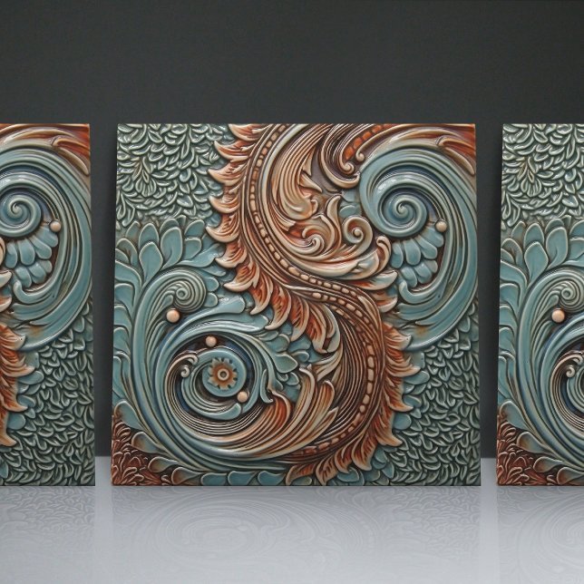 Floral Victorian Teal Orange Leaf Patterns Tile (Creator Uploaded)