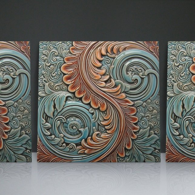 Floral Victorian Teal Orange Leaf Patterns Tile (Creator Uploaded)
