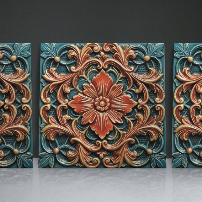 Floral Victorian Teal Orange Leaf Patterns Tile (Creator Uploaded)