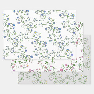 Floral Vine Wrapping Paper Flat Sheet Set of 3