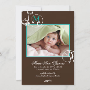 Floral Vines Monogram Photo Birth Announcement