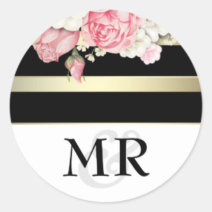 Floral Vintage Black White and Gold Wedding Classic Round Sticker
