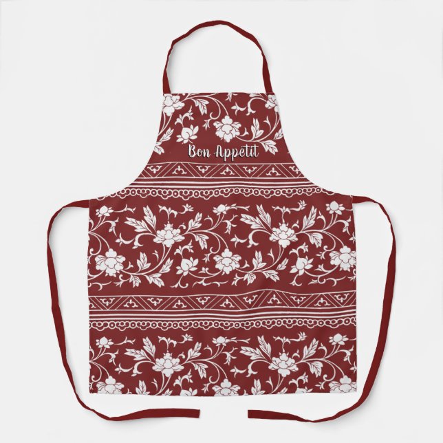 Floral Vintage Chinoiserie Bon Appetit Red Apron (Front)