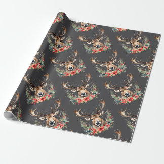 Floral Vintage Christmas Reindeer  Wrapping Paper