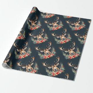 Floral Vintage Christmas Reindeer  Wrapping Paper