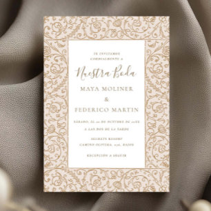 Floral Vintage Cream & Gold Nuestra Boda Wedding Invitation