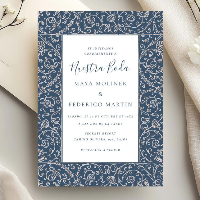 Floral Vintage Dark Blue Nuestra Boda Wedding Invitation (Creator Uploaded)