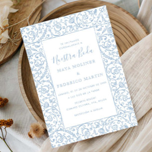 Floral Vintage Dusty Blue Nuestra Boda Wedding Invitation