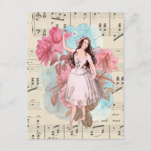 Floral Vintage Fairy Music Ballerina Dancer Postcard