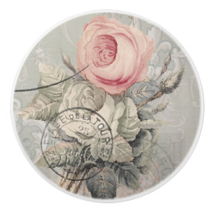 Floral Vintage French Pink Roses Grey Ephemera Ceramic Knob