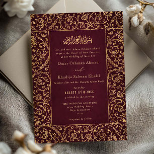 Floral Vintage Gold & Burgundy Islamic Wedding Invitation