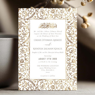 Floral Vintage Gold & White Islamic Muslim Wedding Invitation