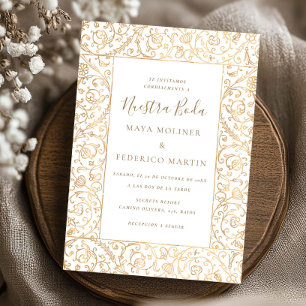 Floral Vintage Gold & White Nuestra Boda Wedding Invitation
