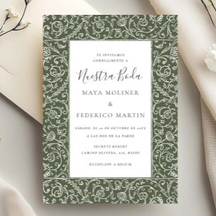Floral Vintage Green Nuestra Boda Wedding Invitation