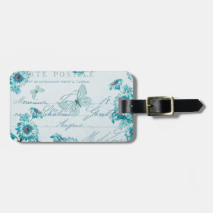 Floral vintage luggage tag w/ blue flowers
