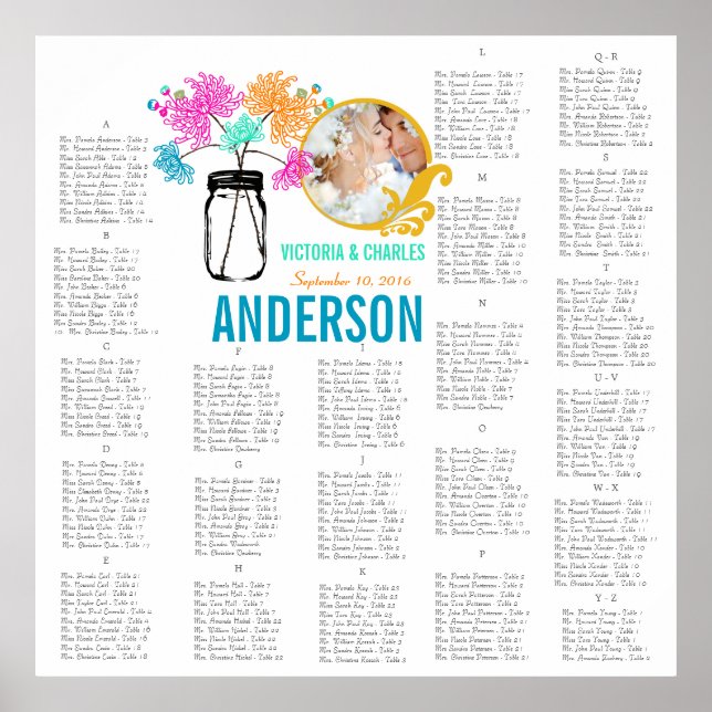 Floral Vintage Modern Mason Jar Seating Chart (Front)