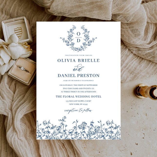 Floral Vintage Navy Blue Monogram Wedding Invitation (Creator Uploaded)