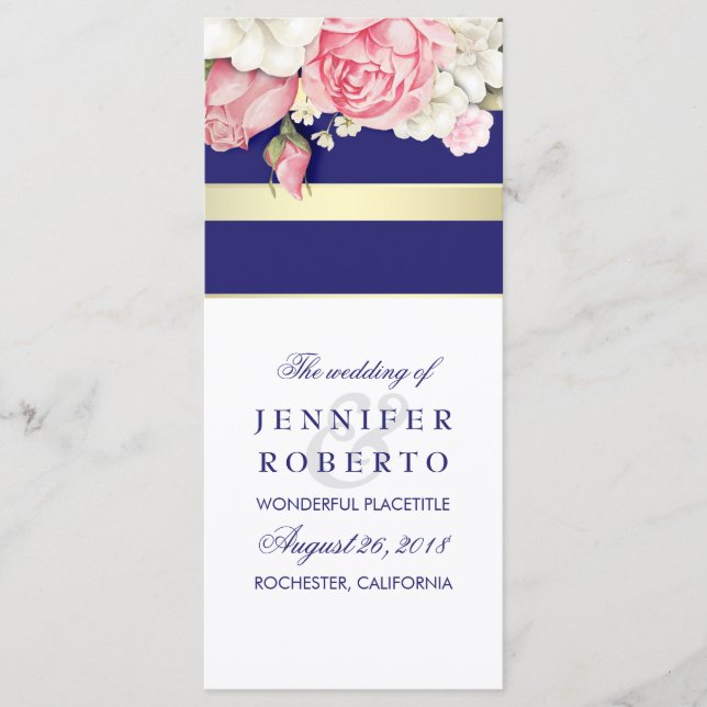 Floral Vintage Navy Gold White Wedding Program (Front)