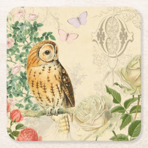 Floral vintage owl coaster with beautiful roses