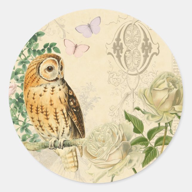 Floral vintage owl stickers with beautiful roses (Front)