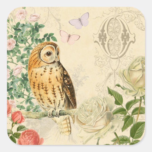 Floral vintage owl stickers with beautiful roses (Front)