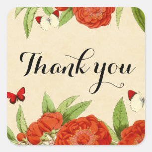 Floral vintage red thank you sticker. square sticker