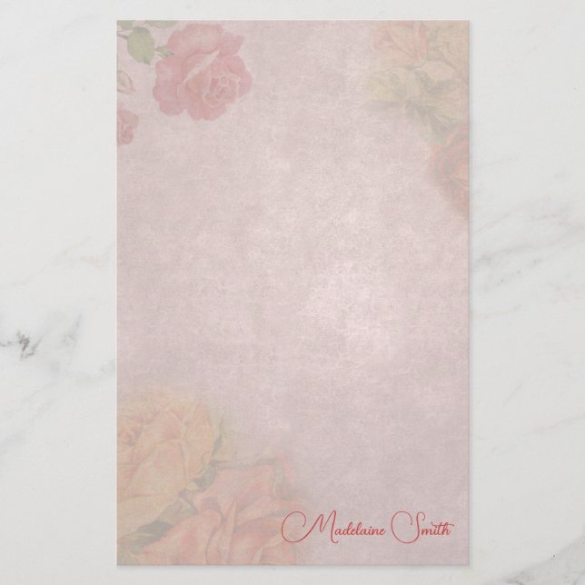 Floral Vintage Rose Custom Name Stationery (Front)