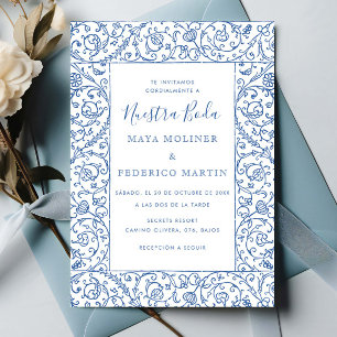 Floral Vintage Royal Blue Nuestra Boda Wedding Invitation