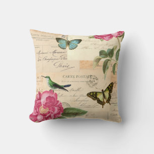 Floral vintage rustic rose flowers & butterflies throw pillow