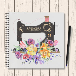Floral Vintage Sewing Machine Monogram Notebook