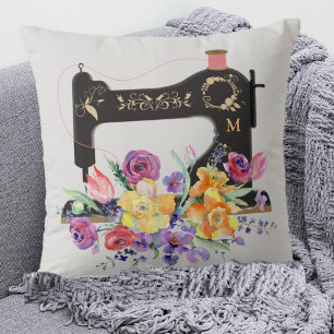 Floral Vintage Sewing Machine Monogram Throw Pillow