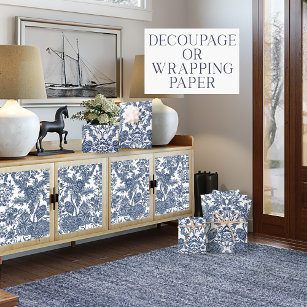 Floral Vintage Toile Navy Blue and White Decoupage Wrapping Paper Sheet