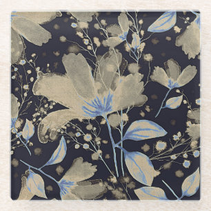 Floral Vintage Watercolor: Black Background Glass Coaster