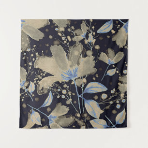 Floral Vintage Watercolor: Black Background Tapestry