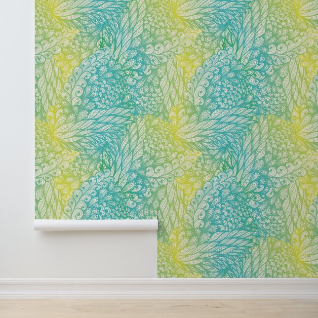 Floral Vintage Yellow And Blue Gradient Wallpaper (Application)