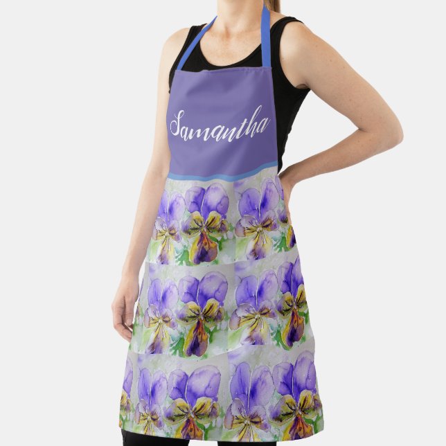 Floral Viola Violas Watercolor Painting Womans Apron (Insitu)