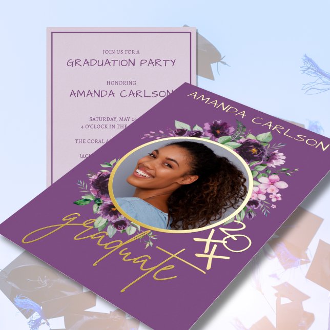 Floral violet et Foil Photo Invitation de la fête  (Créateur téléchargé)