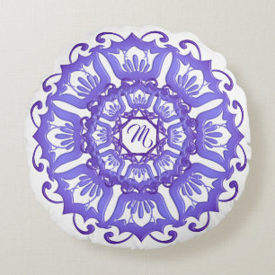 Floral violet mandala. Monogram. Round Pillow