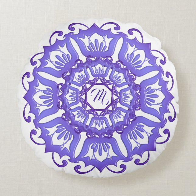Floral violet mandala. Monogram. Round Pillow (Front)