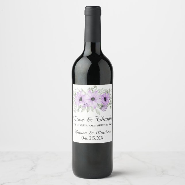 Floral Violet mariage Faveurs Vin Étiquette (Devant)