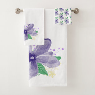 Floral Violet Orchid On White Bath Towel Set