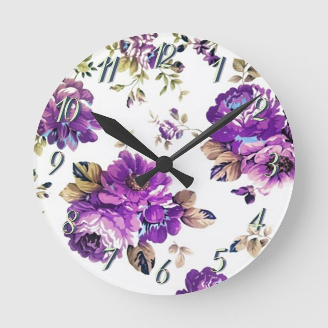 Floral Violet Pattern Round Clock (Front)
