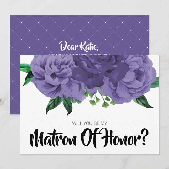 Floral Violet Purple Be My Matron of Honour Card (Front/Back)