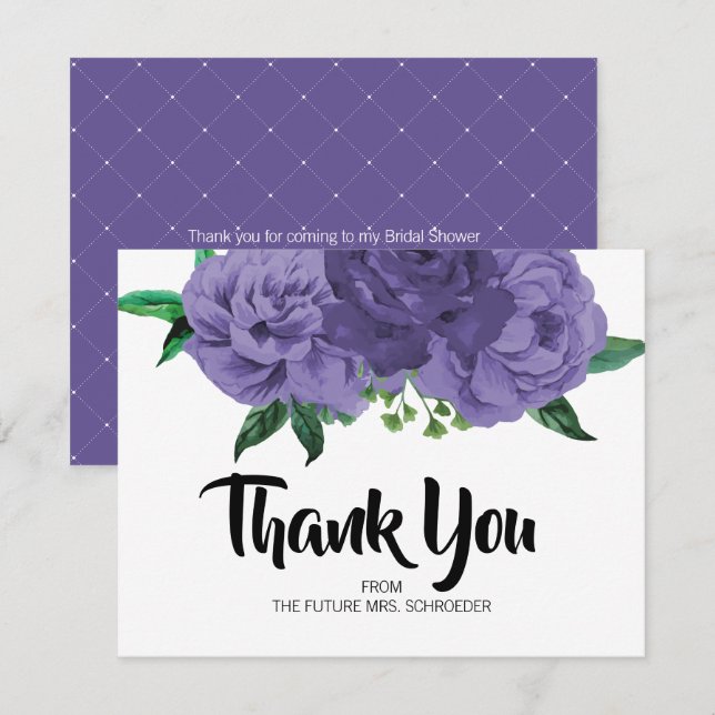 Floral Violet Purple Bridal Shower Thank You Card (Front/Back)