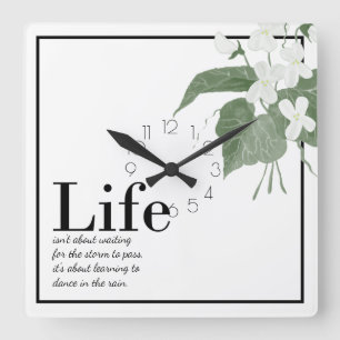 Floral Violets White on White Life Quote Square Square Wall Clock