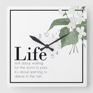 Floral Violets White on White Life Quote   Square Wall Clock