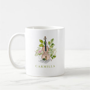 Floral Violin and Greenery Personalised Name Coffee Mug