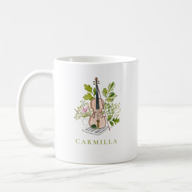 Floral Violin and Greenery Personalised Name Coffee Mug (Left)
