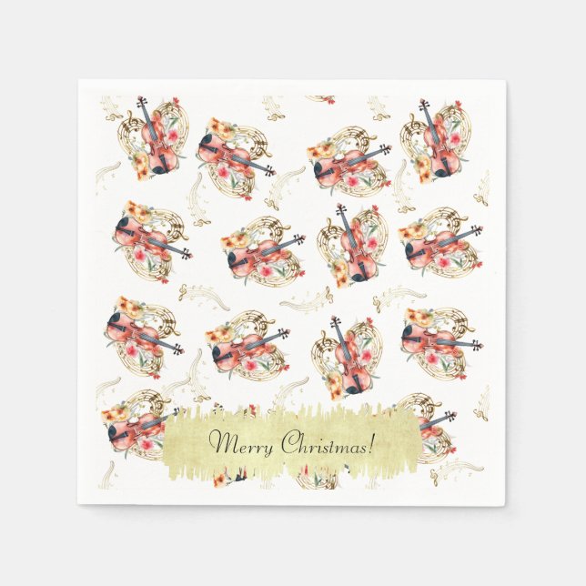 Floral Violins Gold Music Notes Christmas Holiday  Napkin (Front)