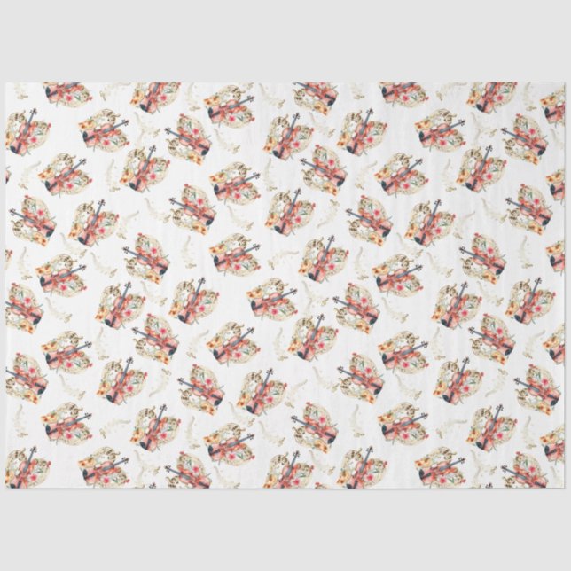 Floral Violins Gold Music Notes Christmas Holiday Tissue Paper (Front)